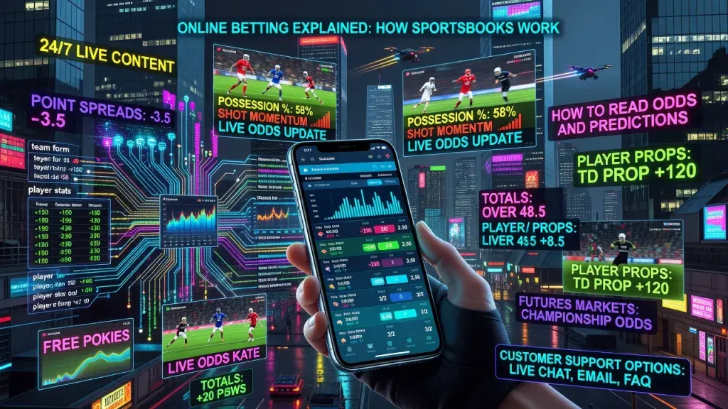 Online Betting Explained: How Sportsbooks Work, How to Read Odds and Predictions, 24/7 Live Content, Free Pokies, and Customer Support Options